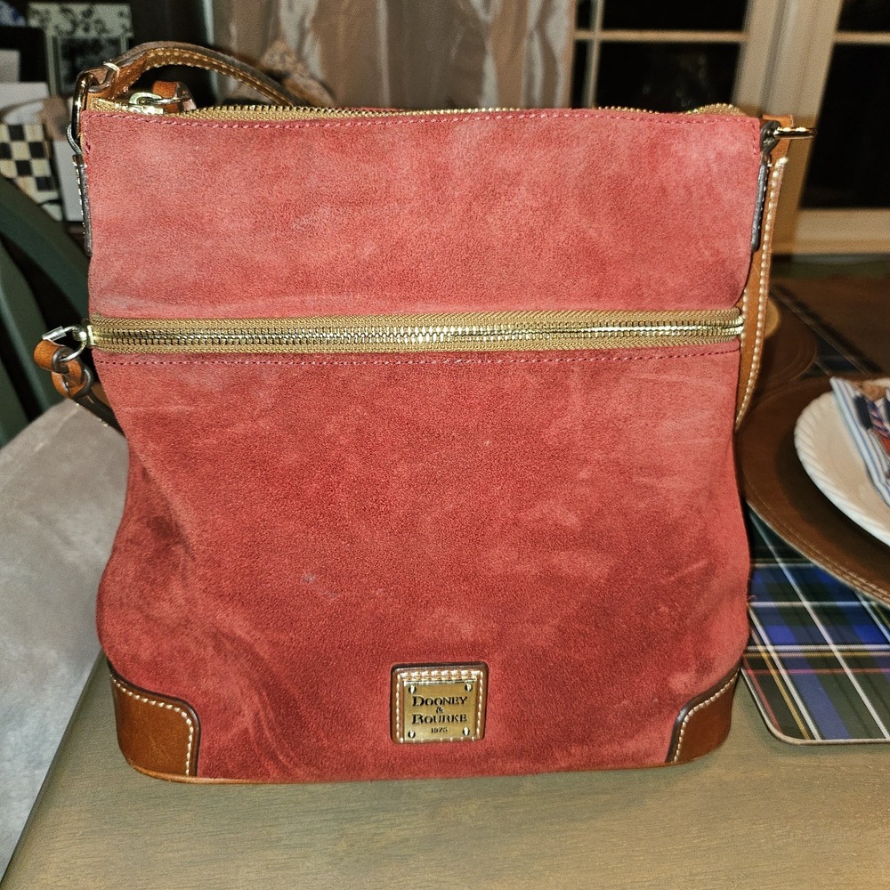 Dooney And Bourke Red Suede Crossbody Tote Bag. Brown Leather Trim. Fall/Winter